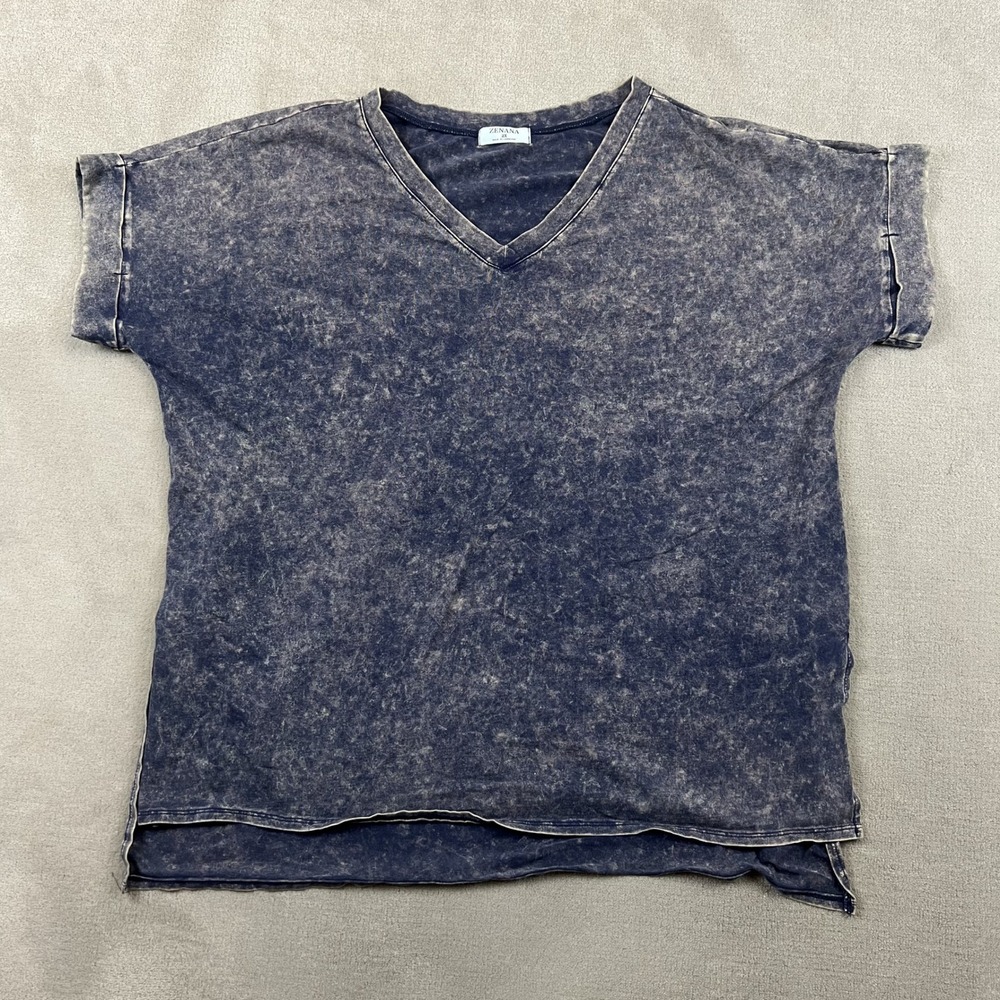 Zenana V-Neck T-Shirt Womens 2X Blue Acid Wash Cotton Blend Short Sleeve CT4629X